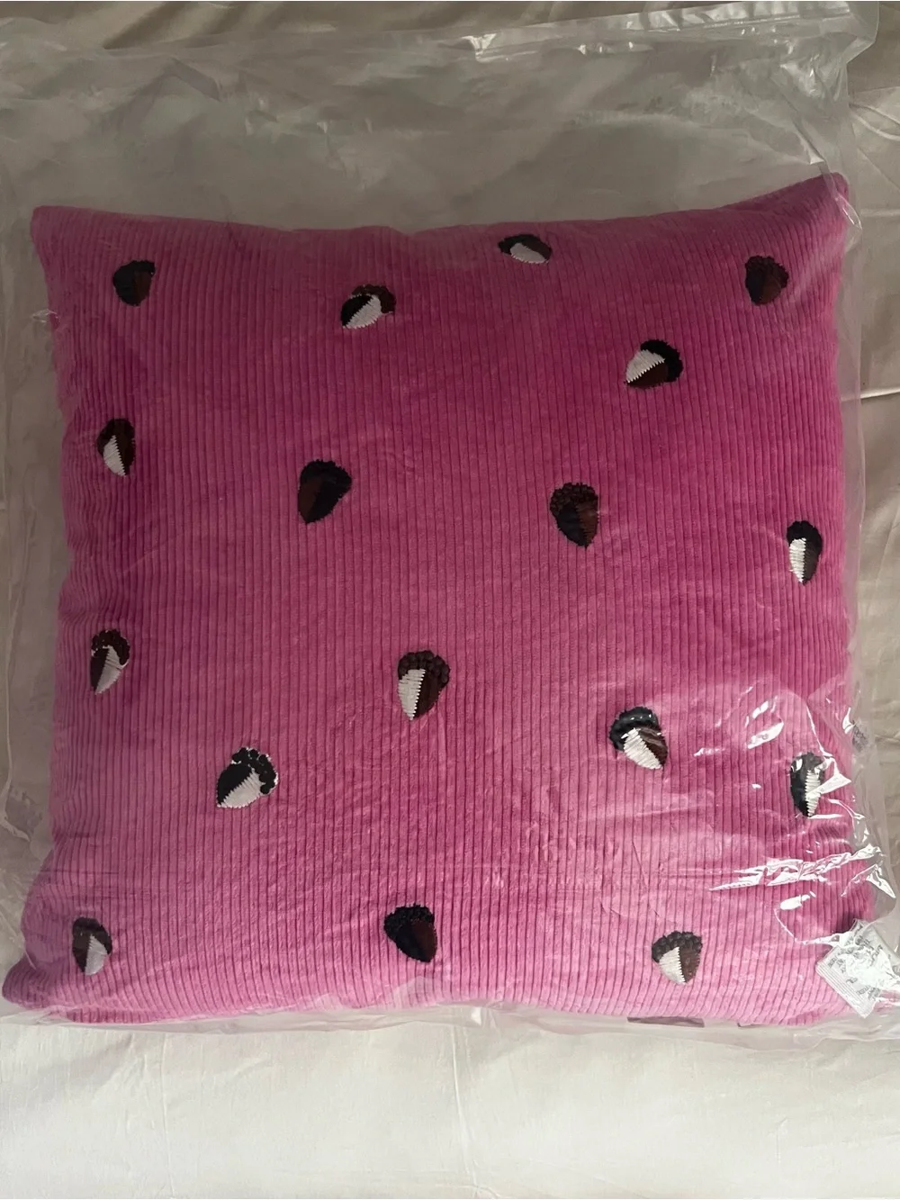 Anthropologie 18x18 Pillow Velvet Corduroy Embroidered Acorn Pink NWT Exclusive